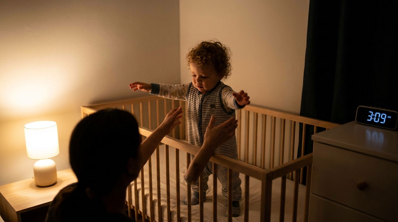 A 1-year-old toddler standing in a cot reaching out, a parent's hands gently lowering them back, soft warm lamp light, a clock showing 3:09 AM.