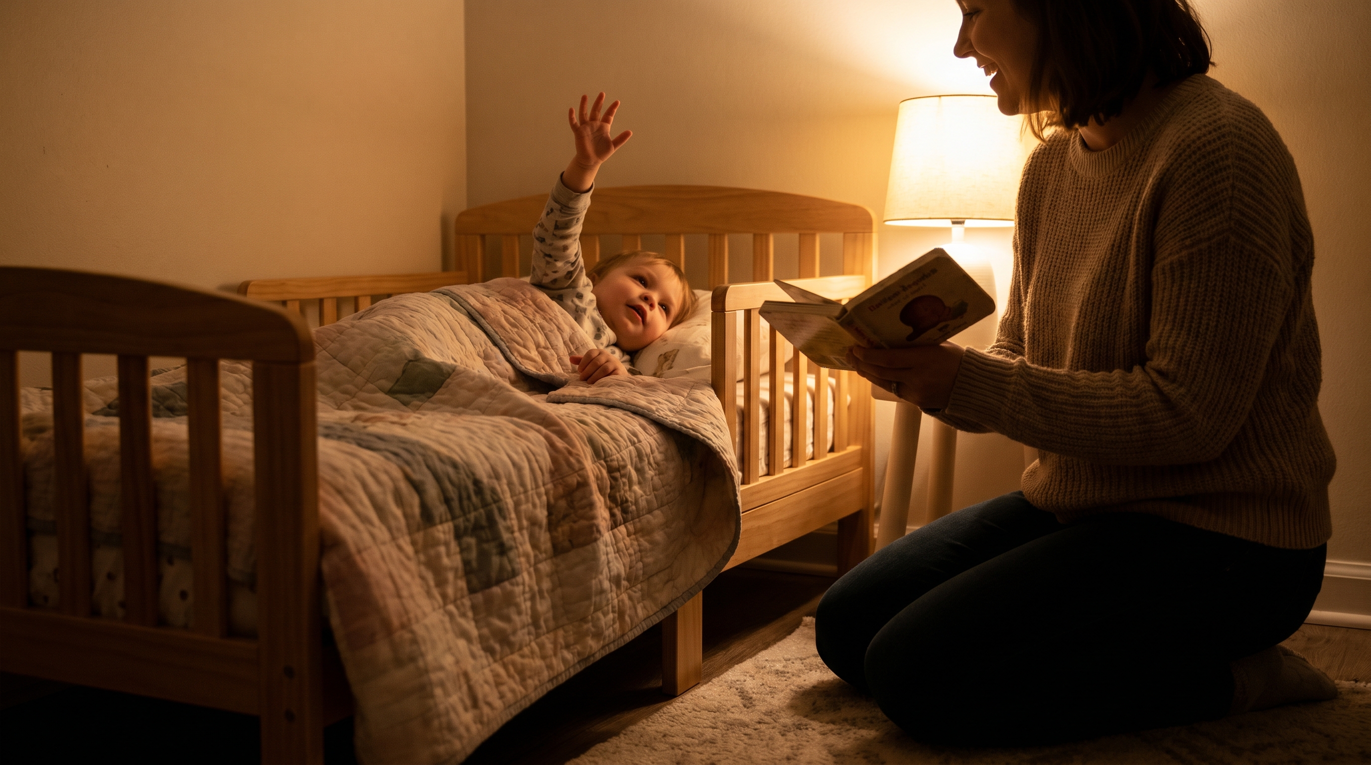 A 2-year-old in a toddler bed with arm raised cheerfully, a parent kneeling beside the bed reading a board book in warm amber lamp light.