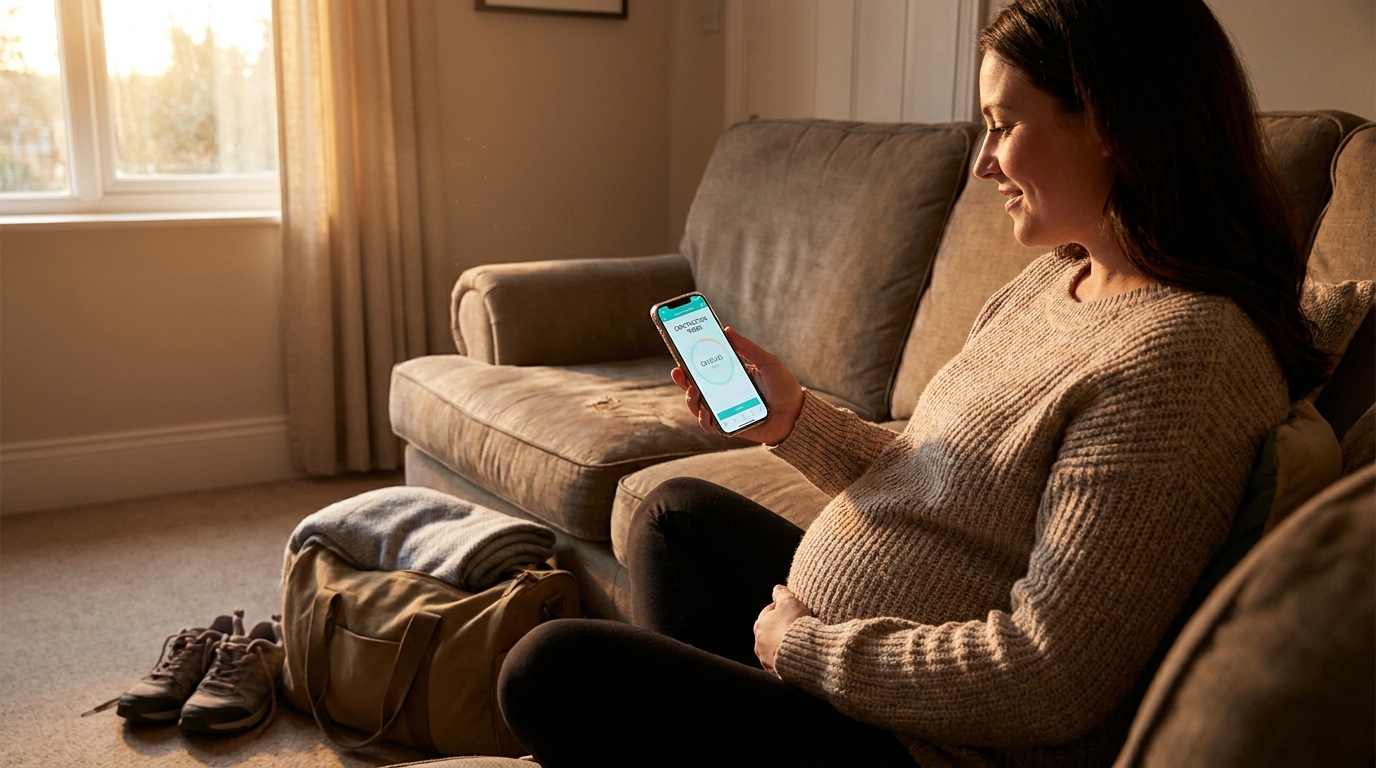 A pregnant woman timing contractions on her phone with a packed hospital bag at her feet, warm evening light at home.