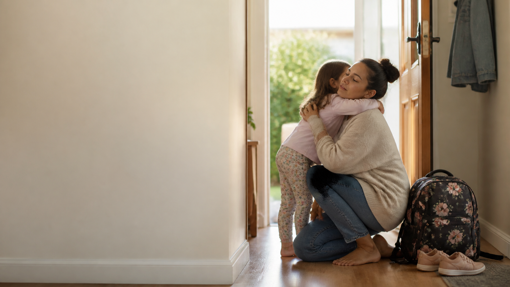 A parent welcomes a school-age child home at the front door after school.