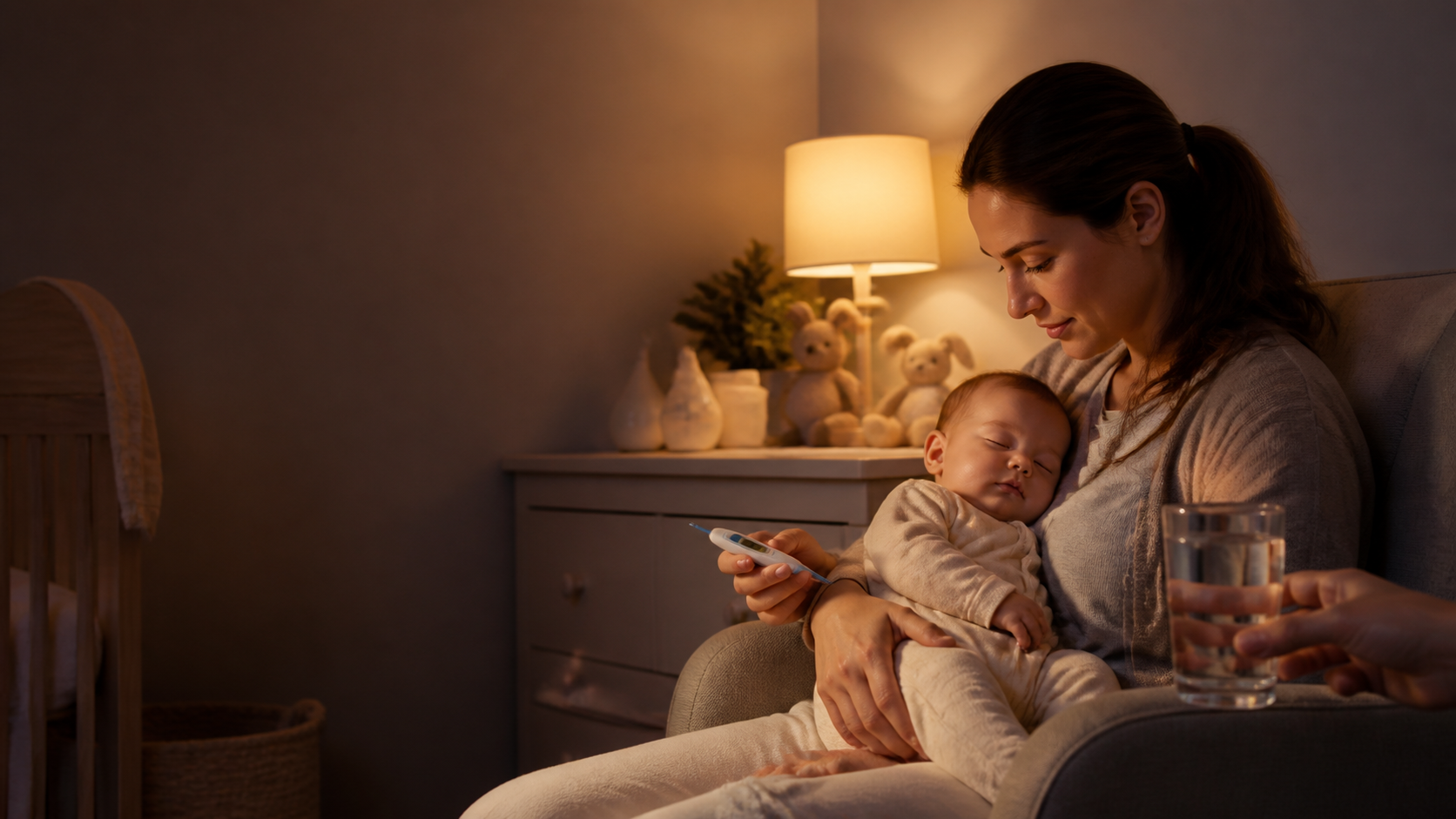 A parent gently checks a sleepy baby's temperature in a softly lit nursery.