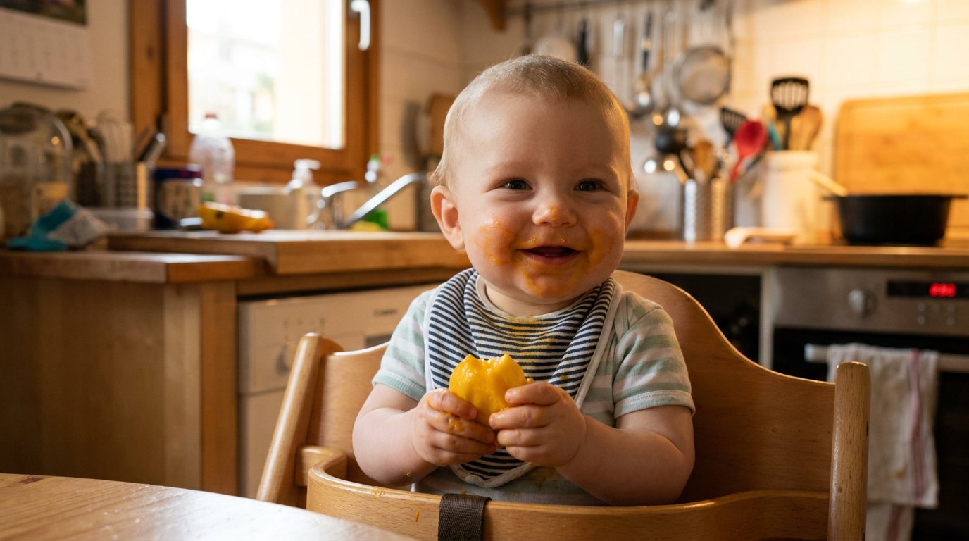 A happy 7-month-old baby in a high chair holding a piece of soft fruit with food smeared on their face in a sunlit kitchen.
