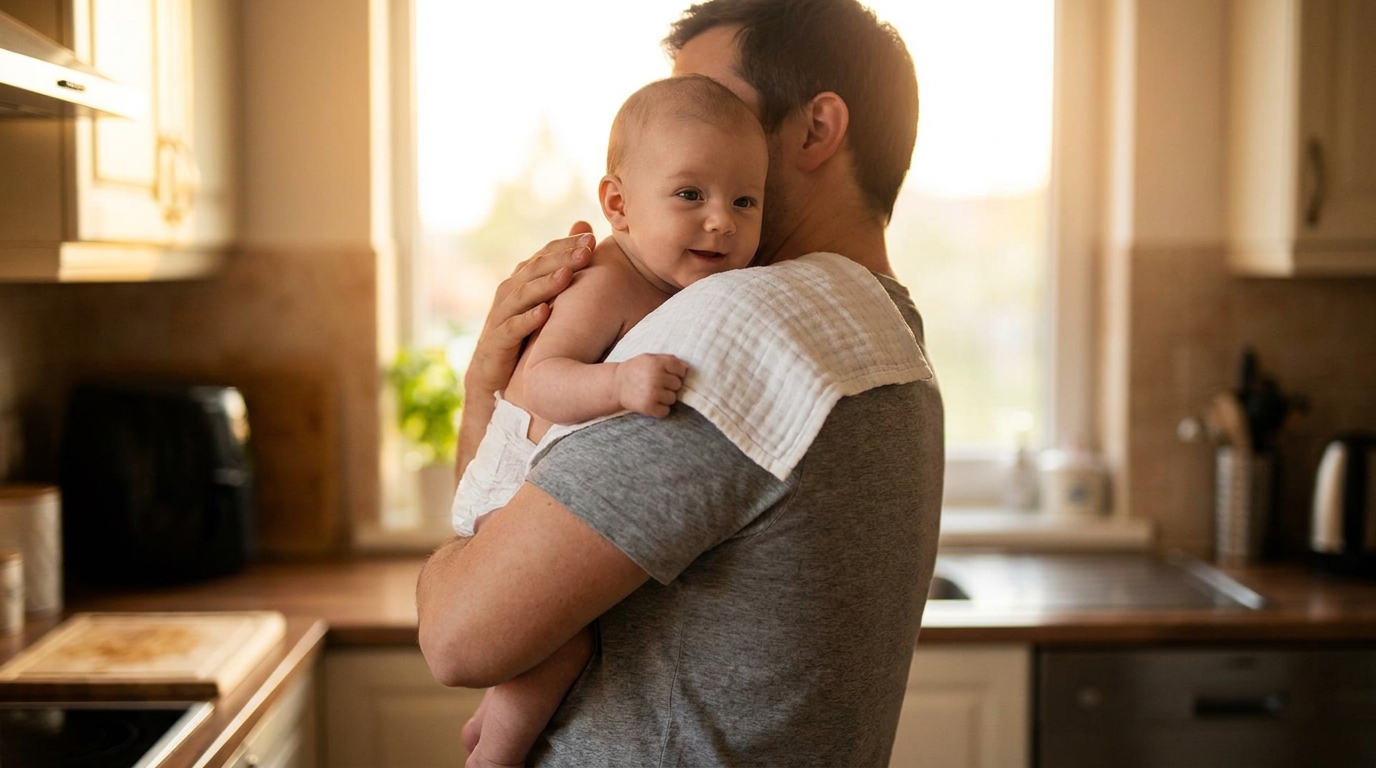 A parent gently holding their baby upright over the shoulder with a muslin cloth in a warm sunlit kitchen.