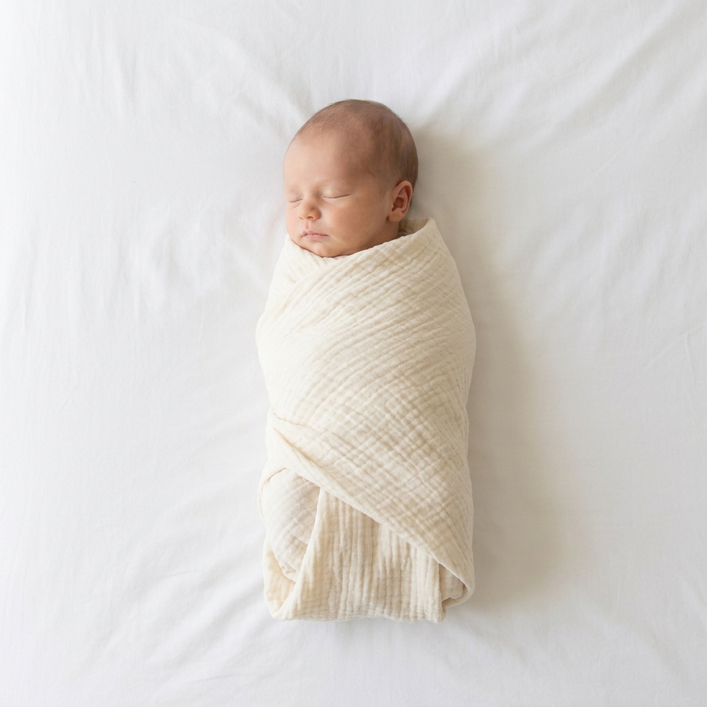 A baby standing up in their cot at night, hands gripping the rail, looking wide awake.