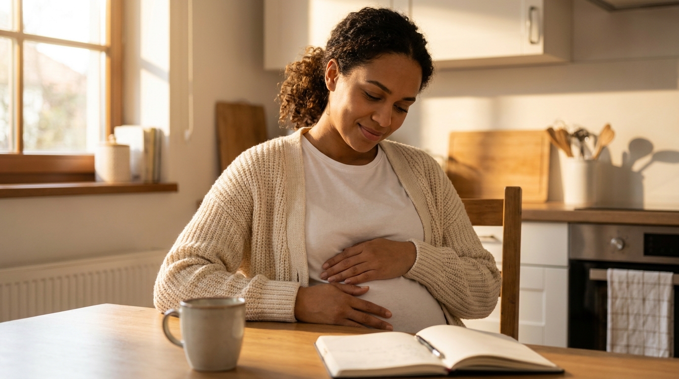 A pregnant woman in a kitchen looking at food labels, checking what is safe to eat.
