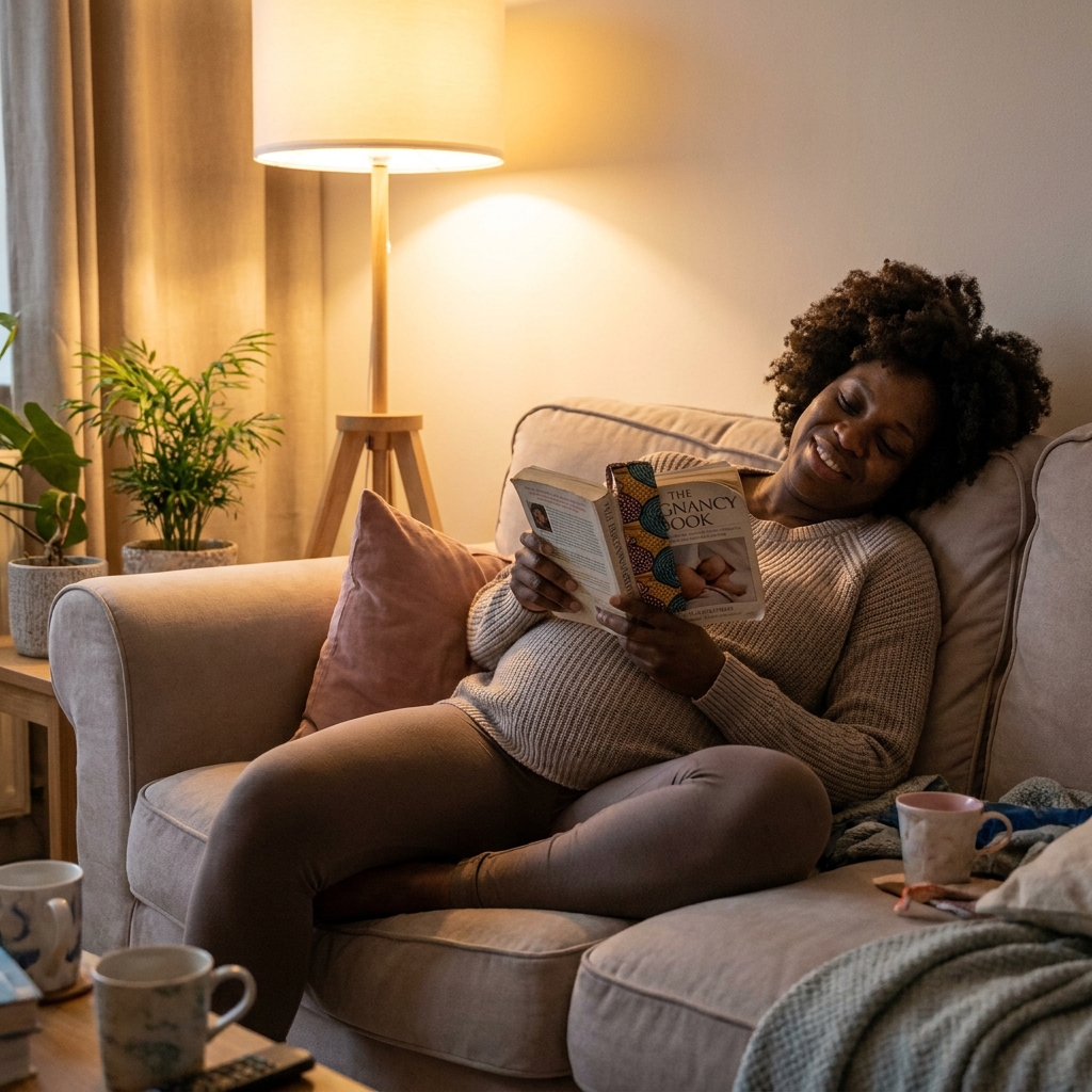 A pregnant woman lying awake in bed in the early hours, soft blue pre-dawn light through the curtains.
