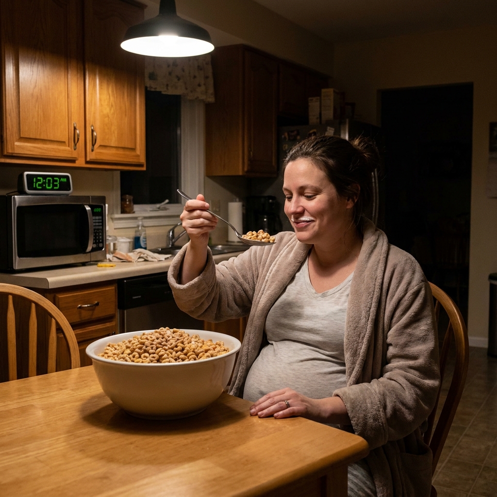 A pregnant woman in her kitchen preparing a balanced gestational diabetes meal with vegetables and lean protein.