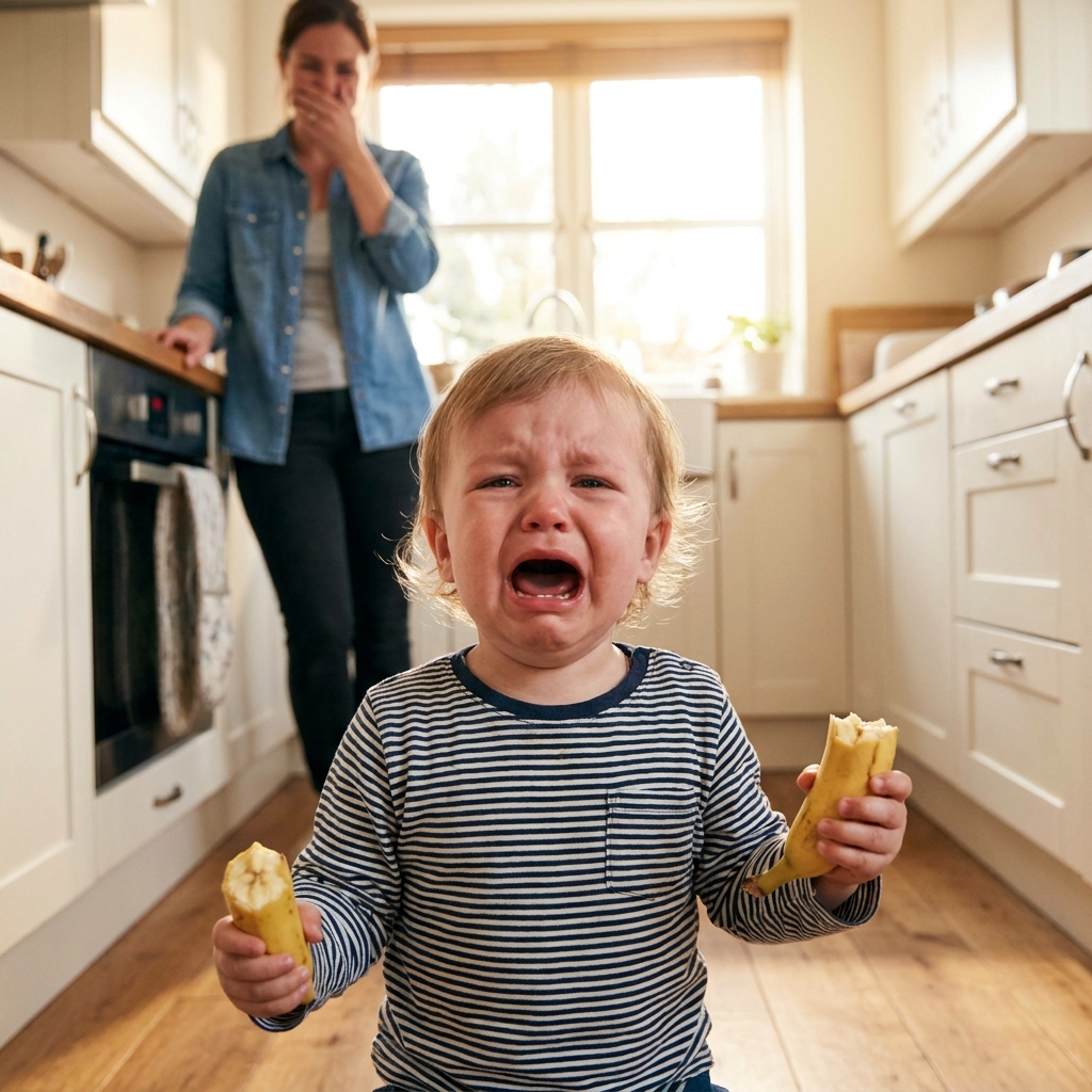 A toddler standing next to a small potty looking unsure, a parent kneeling at his level.
