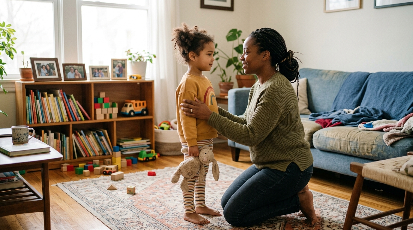 A mother kneeling down to eye level talking calmly with her four year old in a living room