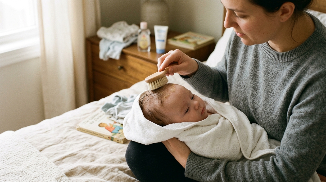 A parent gently brushing a soft baby brush over a newborn's scalp during a calm changing-table routine