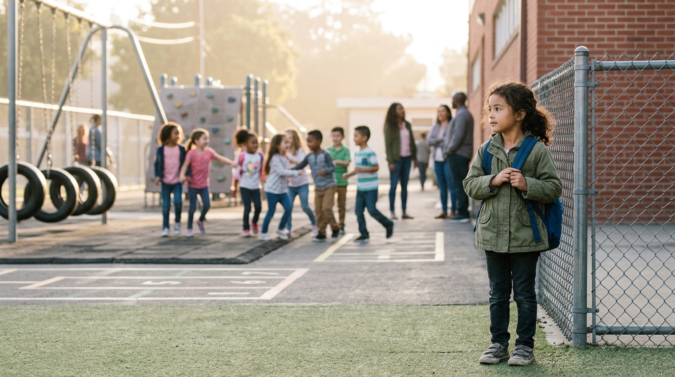 A young school-age child standing at the edge of a playground watching other children play.