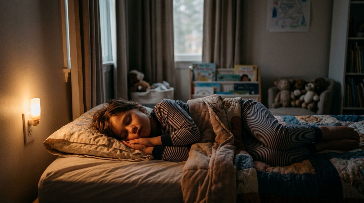 A school-age child asleep in bed with a soft nightlight glowing on the wall behind them