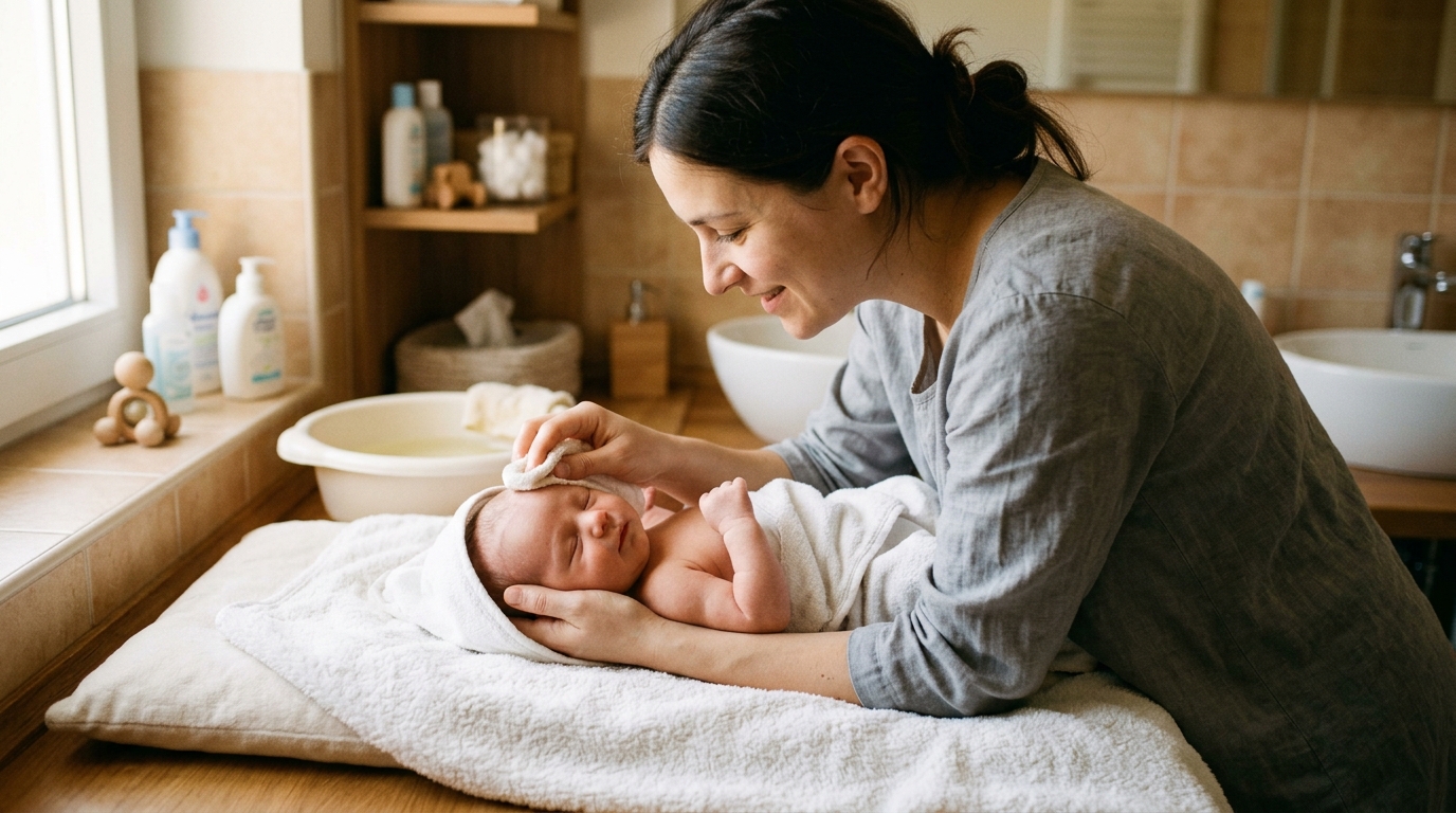 A parent gently sponge bathing a newborn wrapped in a towel on a padded changing surface