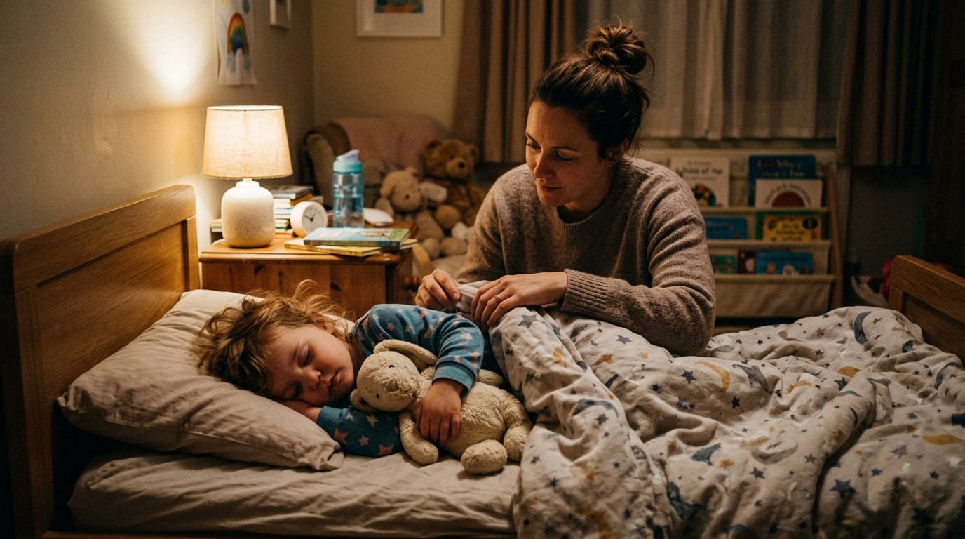 A toddler asleep in bed at night without a pacifier, holding a soft comfort toy instead