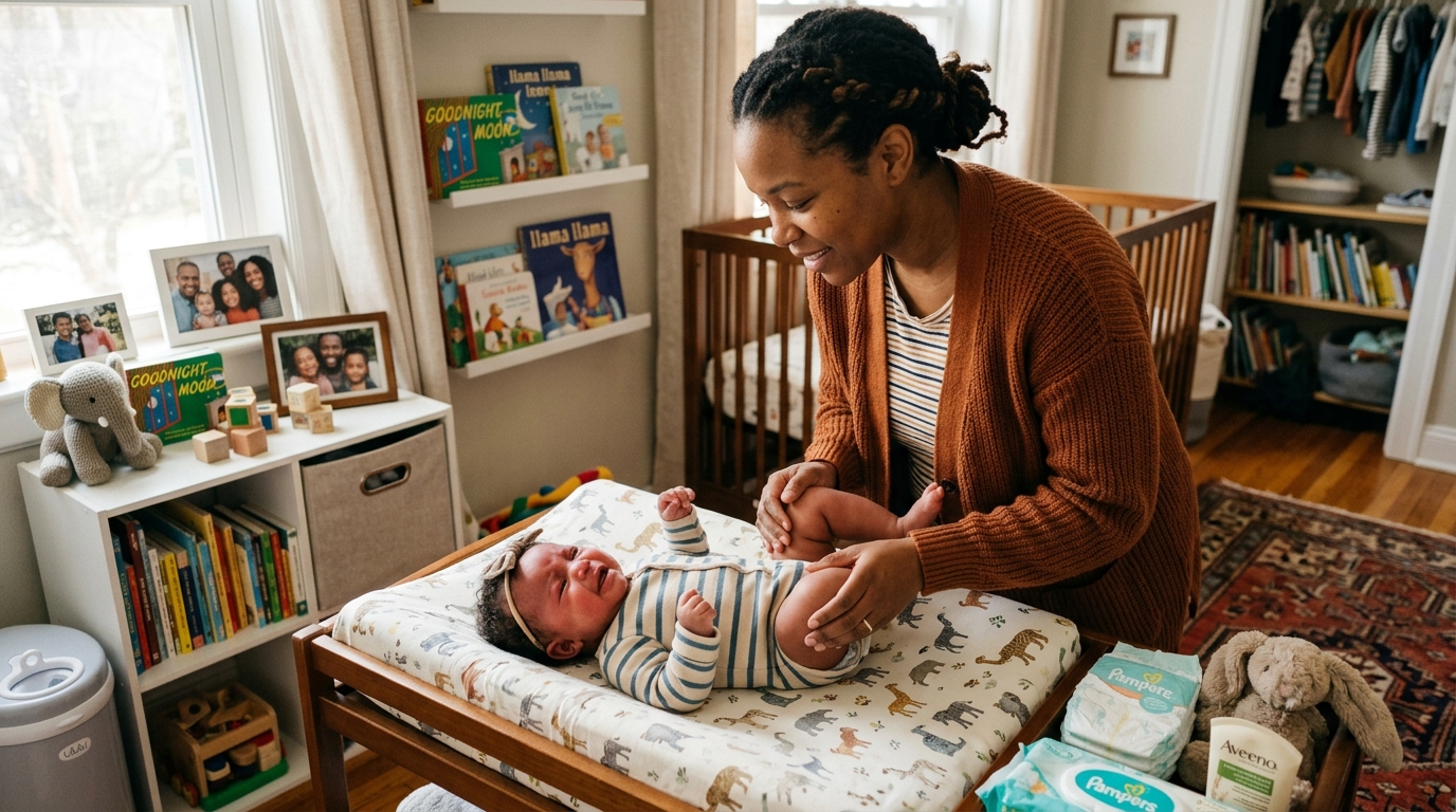 A tired parent lying a newborn across their forearm in a dim nursery at night, gently patting the baby's back.