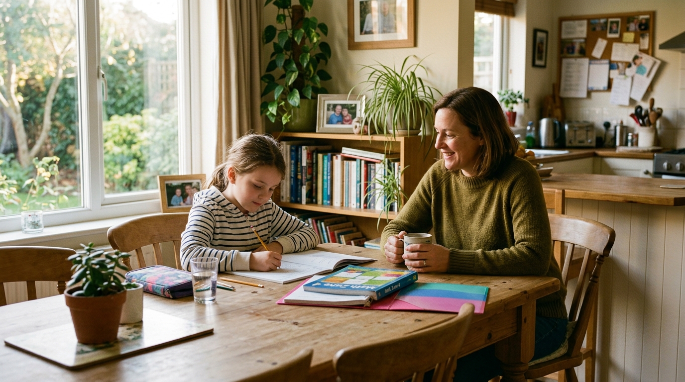 A young child sitting at a kitchen table with a pencil and open workbook, looking reluctant
