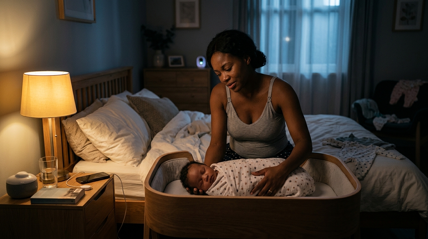 A sleeping newborn being lowered gently into a bassinet by a parent's hands in a dim nursery.