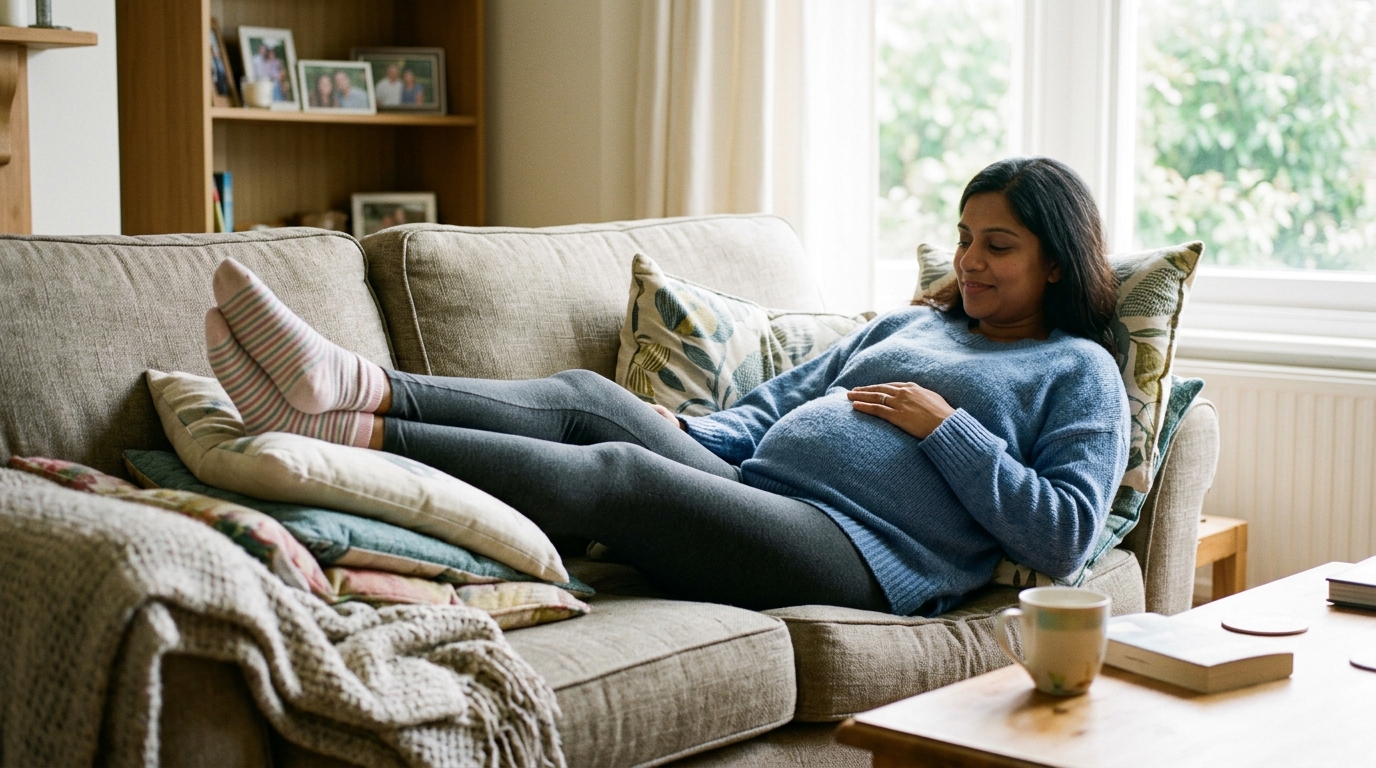 A pregnant woman resting on a sofa with her feet raised on a cushion.