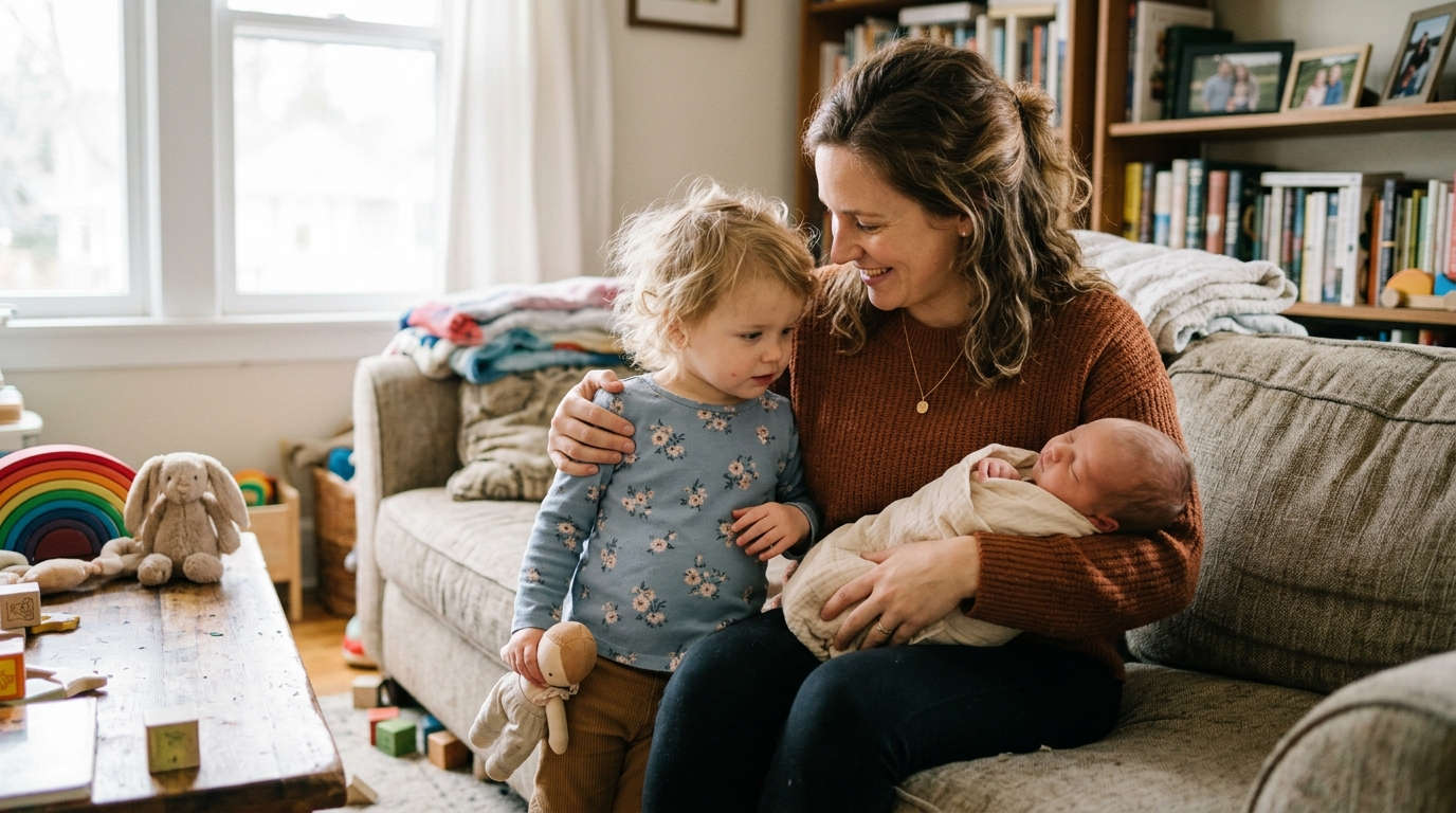 A toddler standing close to a parent holding a newborn, looking unsure