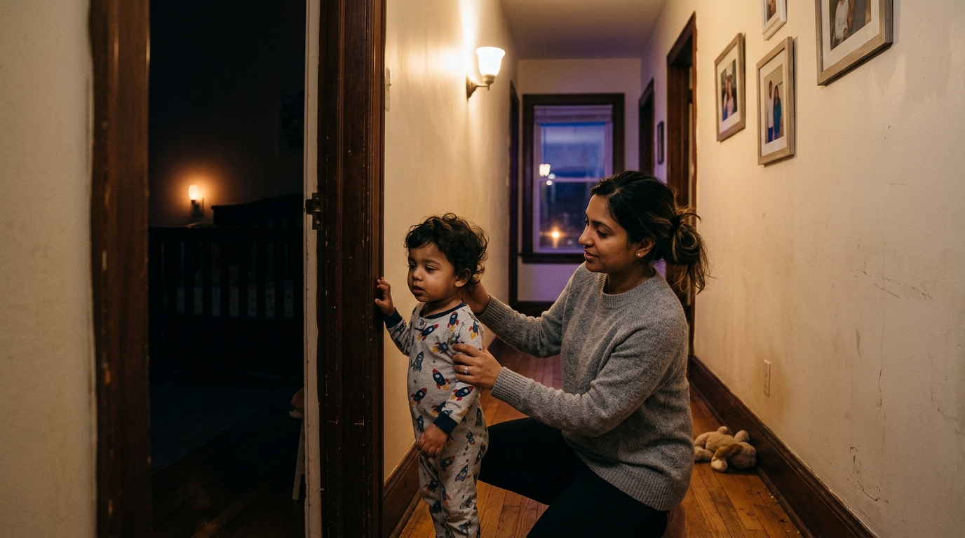 A toddler climbing out of a small bed at night while a tired parent stands in the doorway.