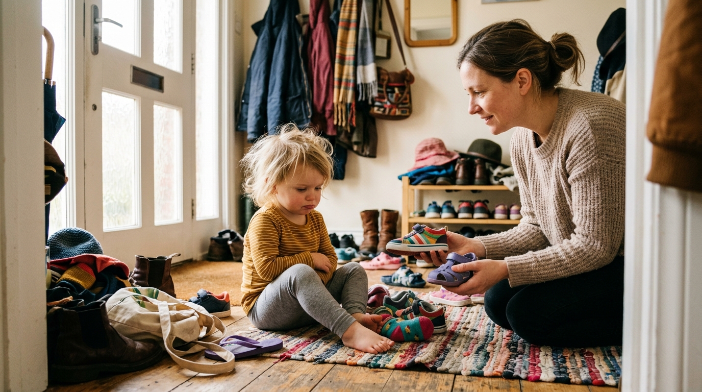 A toddler sitting on the floor by the front door refusing shoes while a calm parent kneels nearby holding two pairs