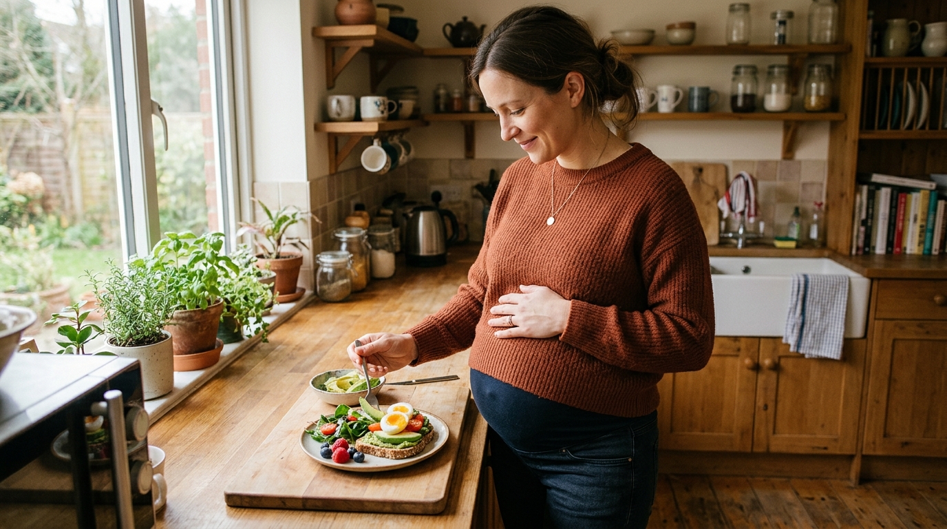 A pregnant woman in her third trimester holding a small bowl of yogurt and berries at a kitchen counter