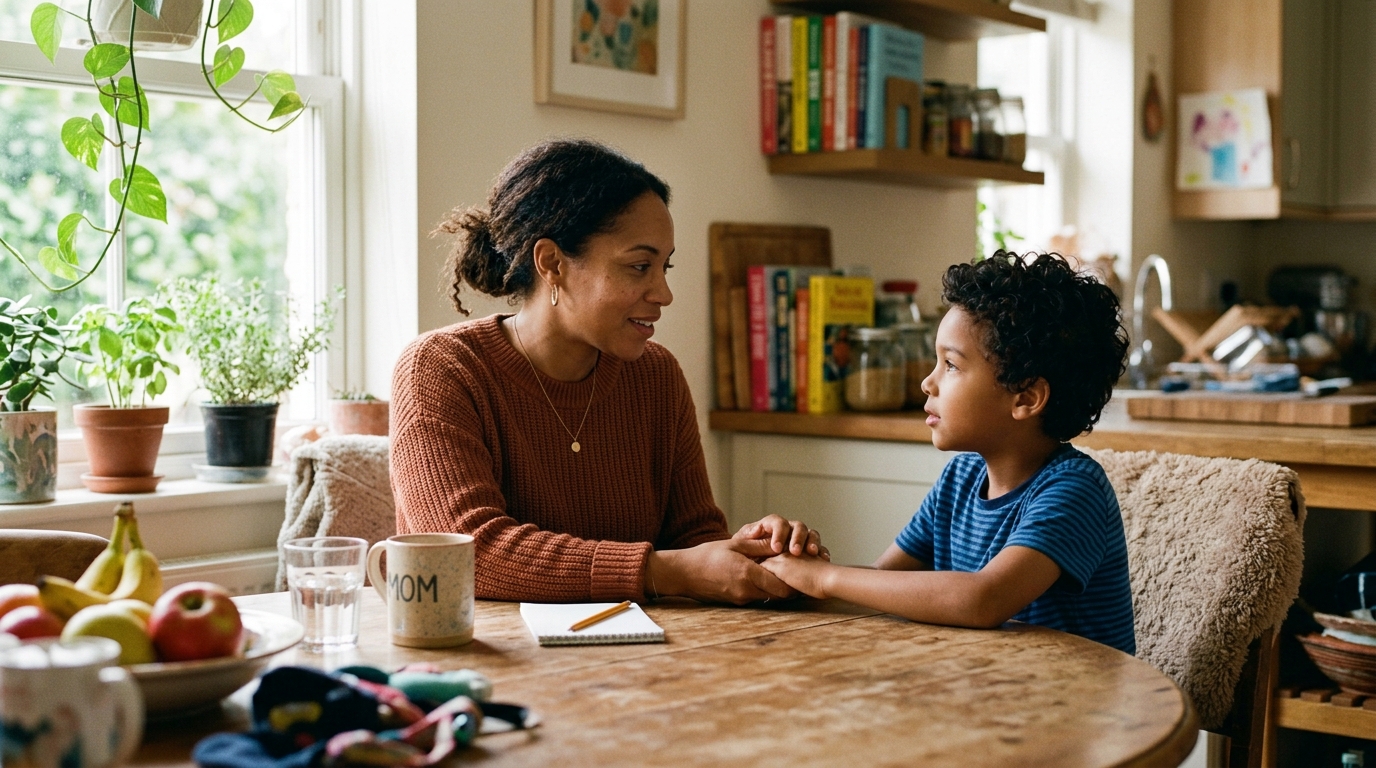 A young child looking down at the floor while a parent kneels to talk gently at eye level