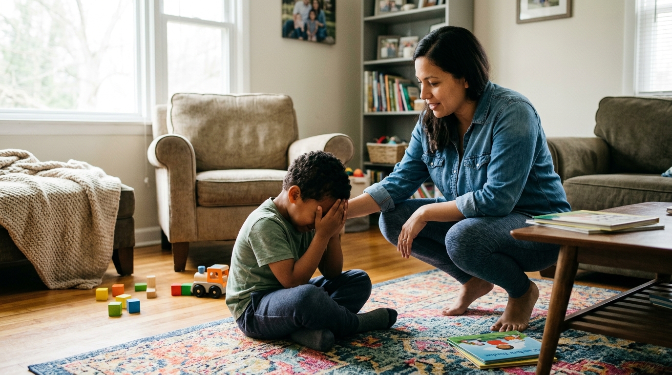 A five year old boy crying with his face scrunched up while his mother kneels to his level in a living room.