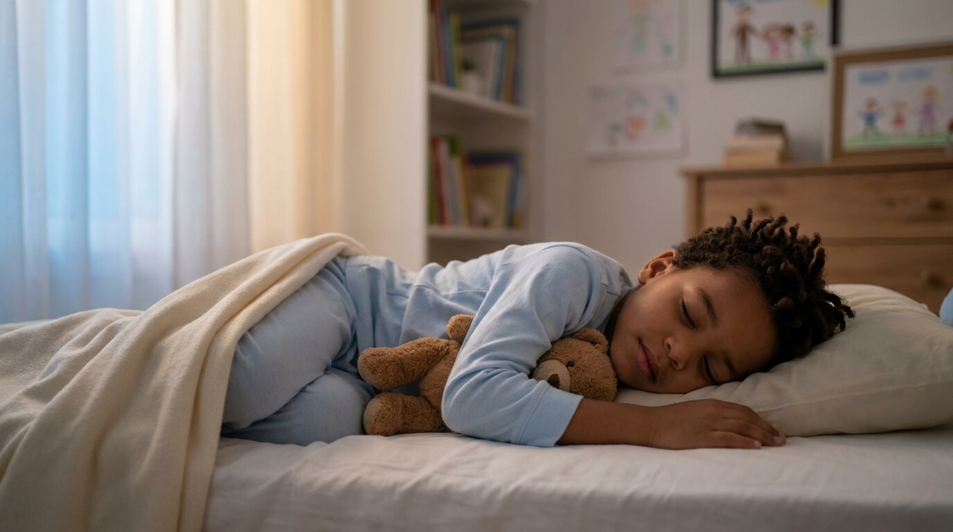 A 4-year-old waking up in a tidy bedroom in soft morning light, no shame attached.