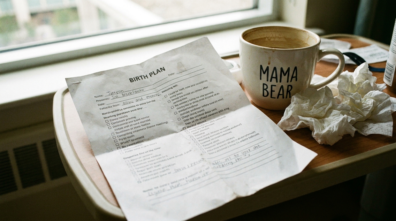 A printed birth plan on a hospital bedside table next to a coffee cup and crumpled tissues, soft daylight.