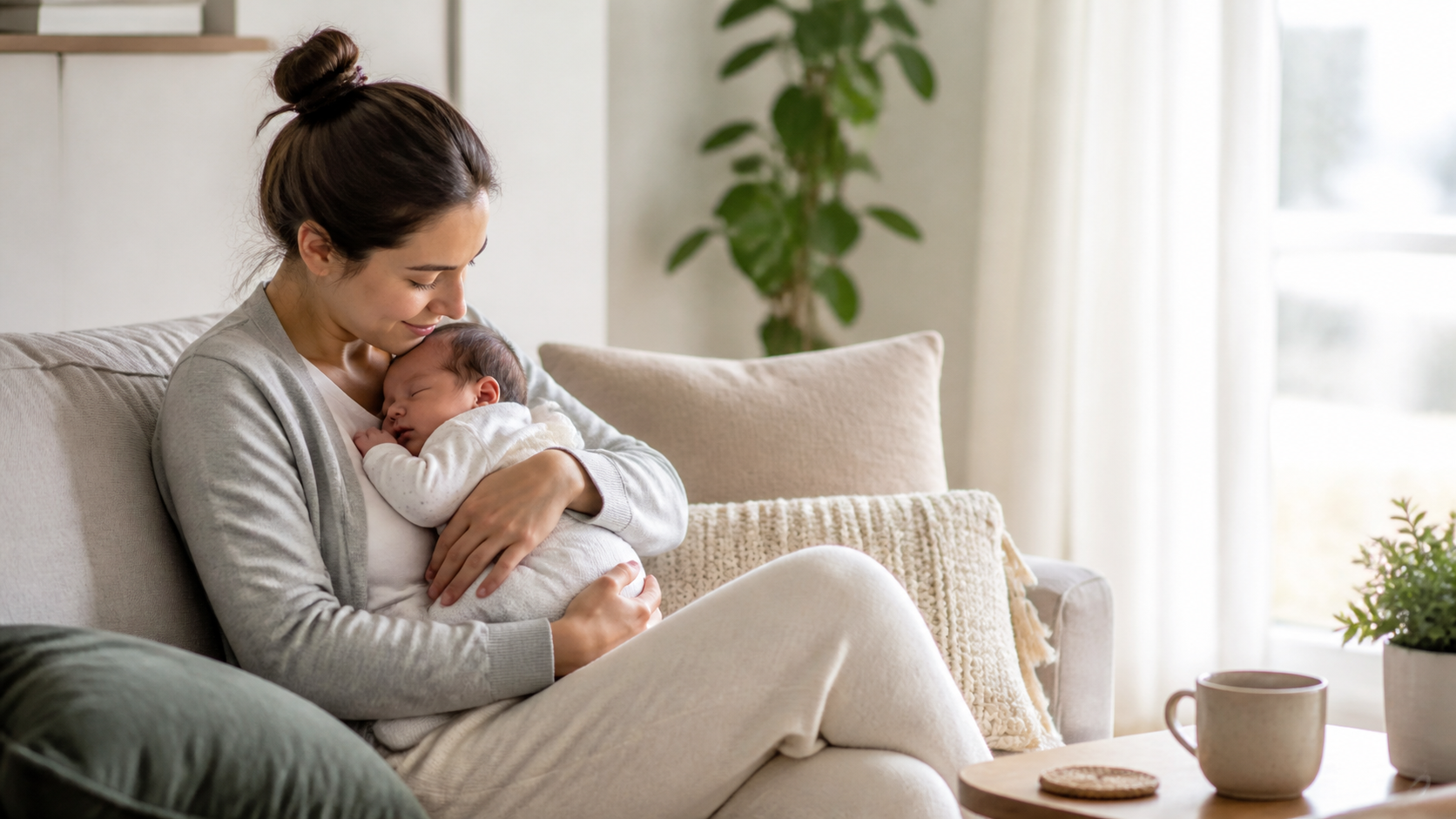 A new parent holds a sleeping newborn in a bright, calm living room.