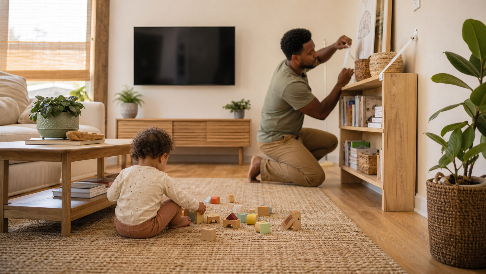 A parent anchors a bookcase to the wall while a toddler plays safely on a rug in a warm living room.