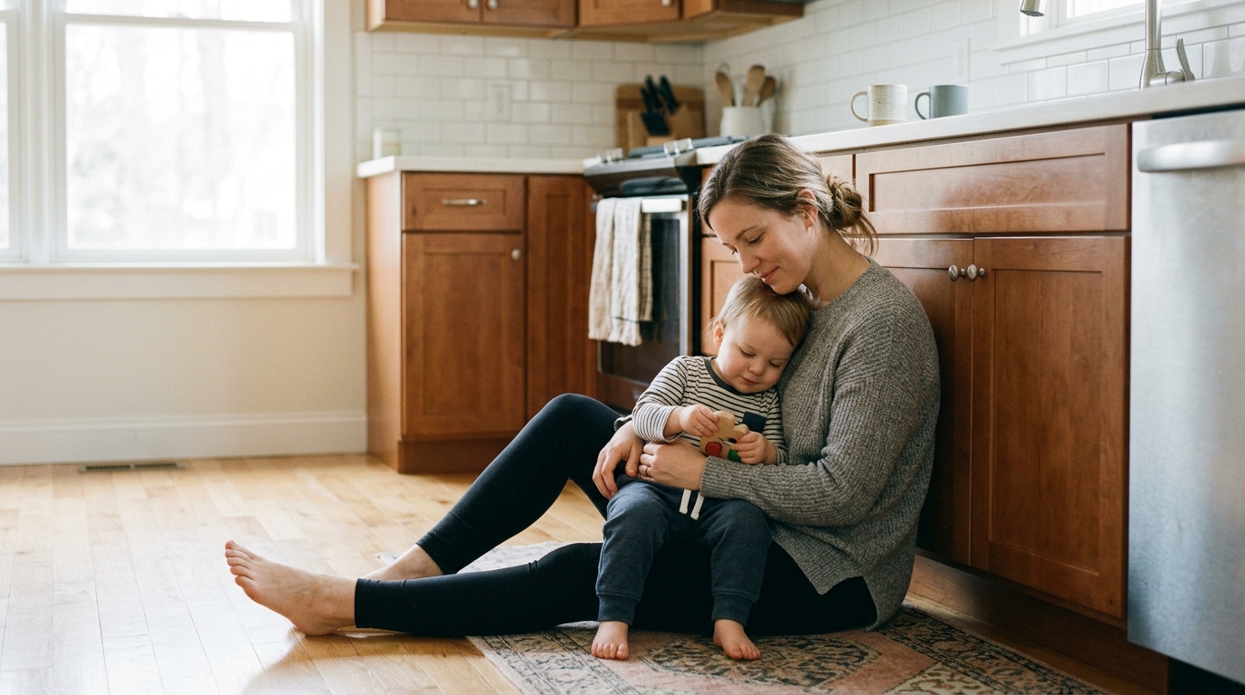 A mom sitting on the kitchen floor with a toddler in her lap having a quiet bonding moment together, warm natural daylight.