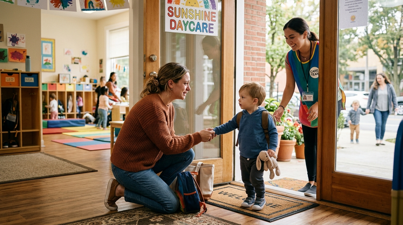 A mom kneeling at the threshold of a daycare front door saying goodbye to her toddler being led inside by a smiling caregiver.