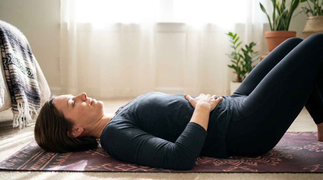 A postpartum woman lying on a yoga mat at home in soft natural light performing a gentle abdominal self-check.