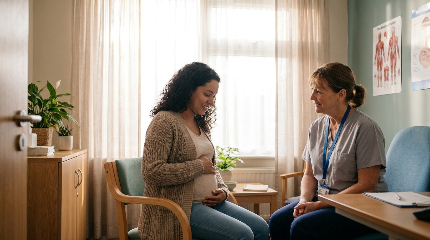 A pregnant woman in her late 30s in a calm conversation with her midwife in a clinic, soft daylight, considering options.