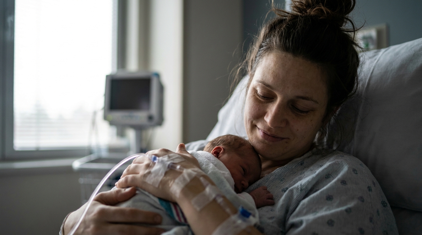 A mother in a hospital bed holding her newborn against her chest, exhausted but tender, soft hospital window light, IV drip visible.