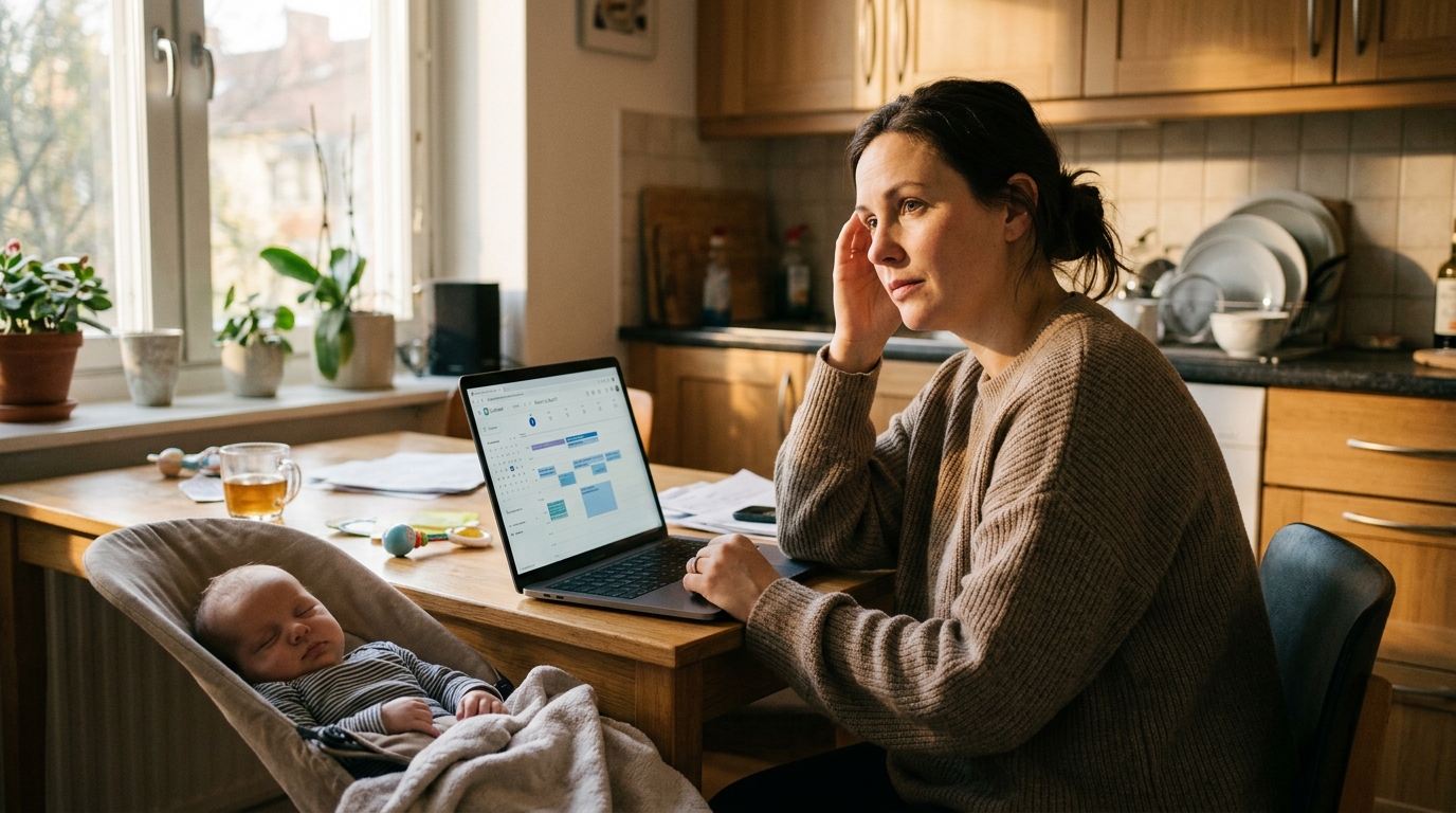 A mom sitting at a kitchen table with her laptop open showing a calendar, a baby sleeping in a bouncer beside her, warm afternoon light.