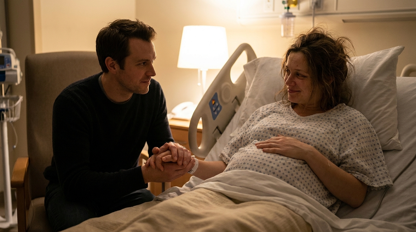 A pregnant woman in a hospital bed looking tired but composed with her partner sitting beside her holding her hand, warm low light.