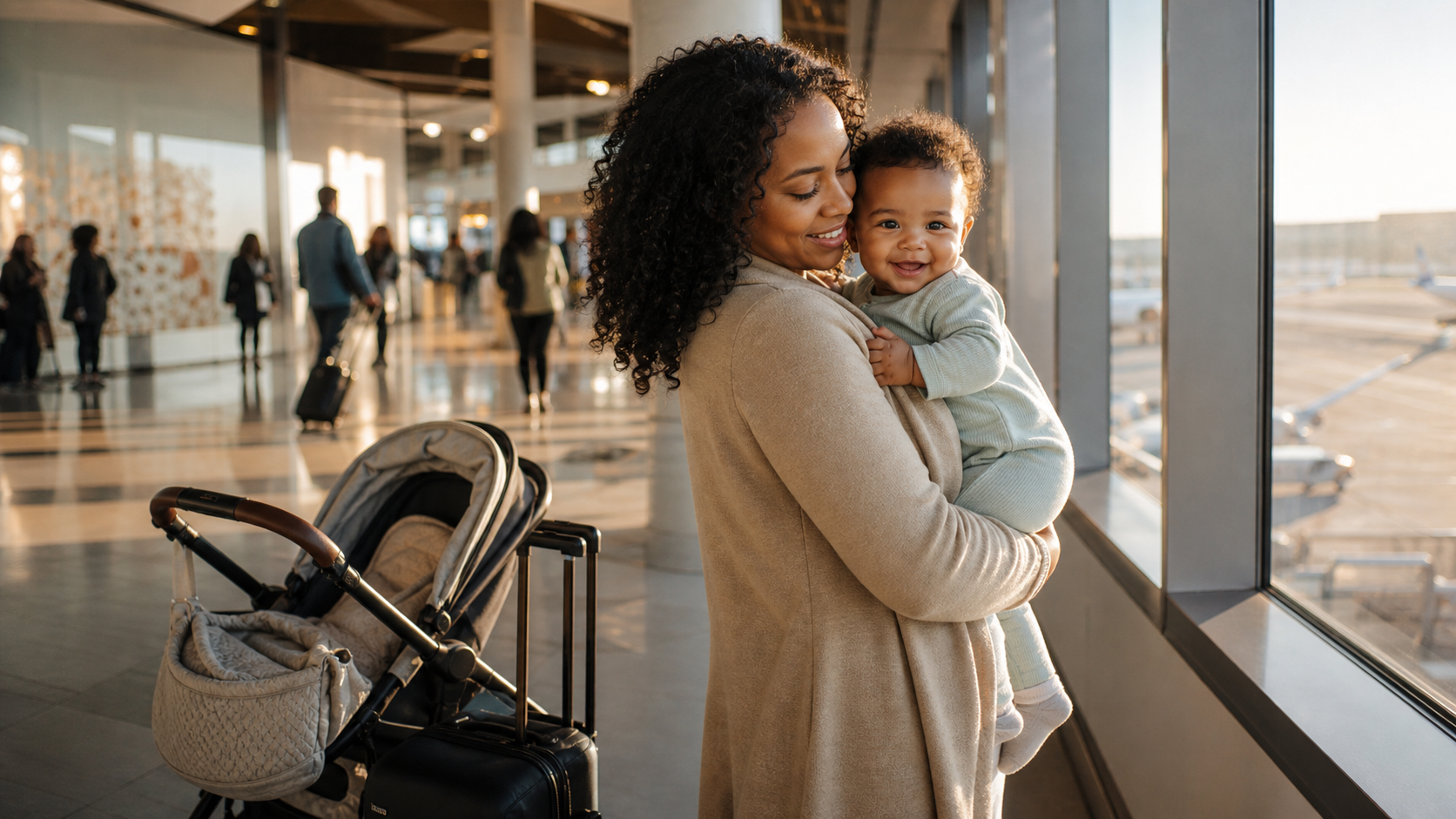 A parent holding a baby beside a stroller at an airport.
