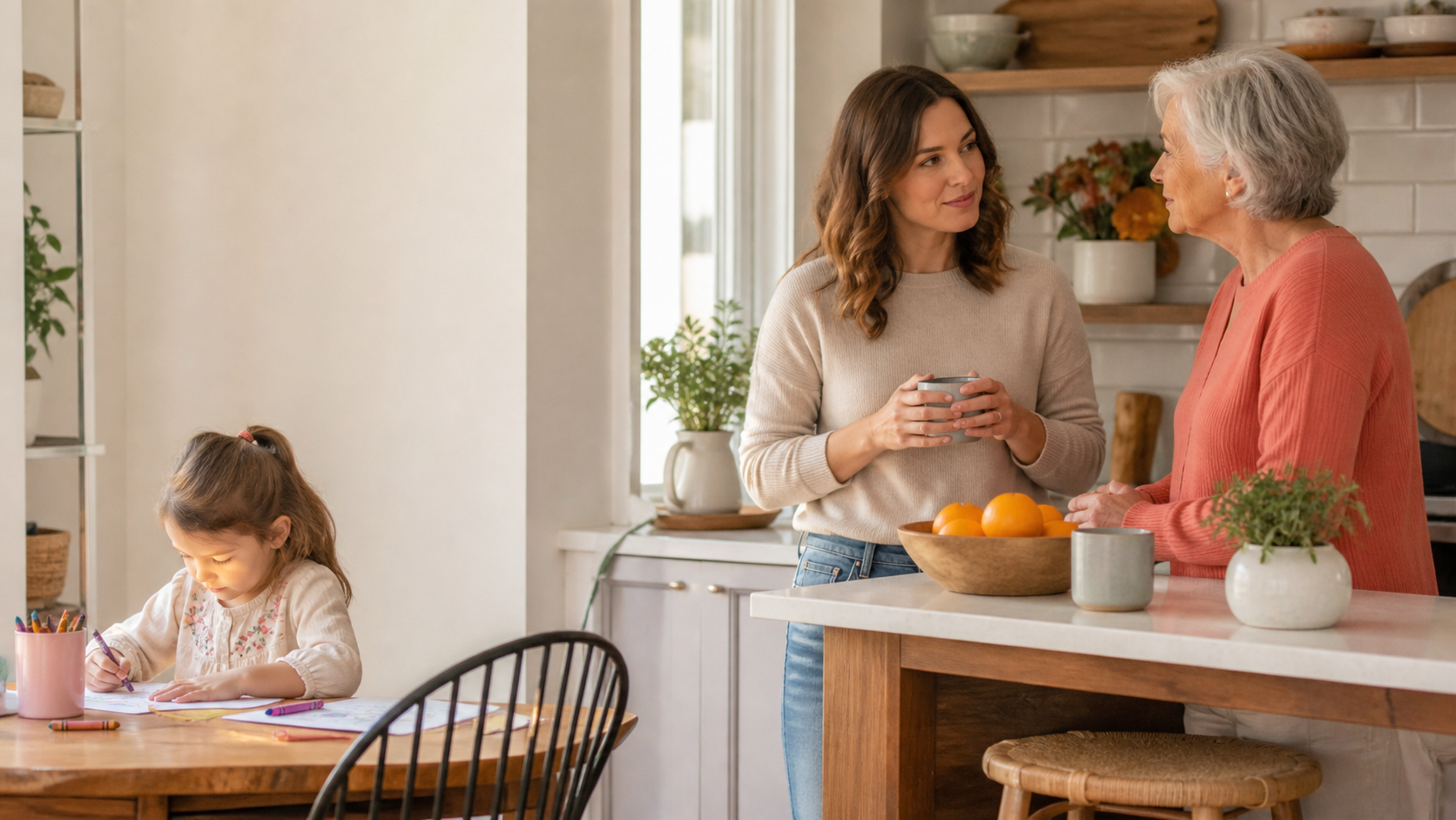 A mother and grandmother have a calm conversation in a family kitchen while a young child colours at the table.