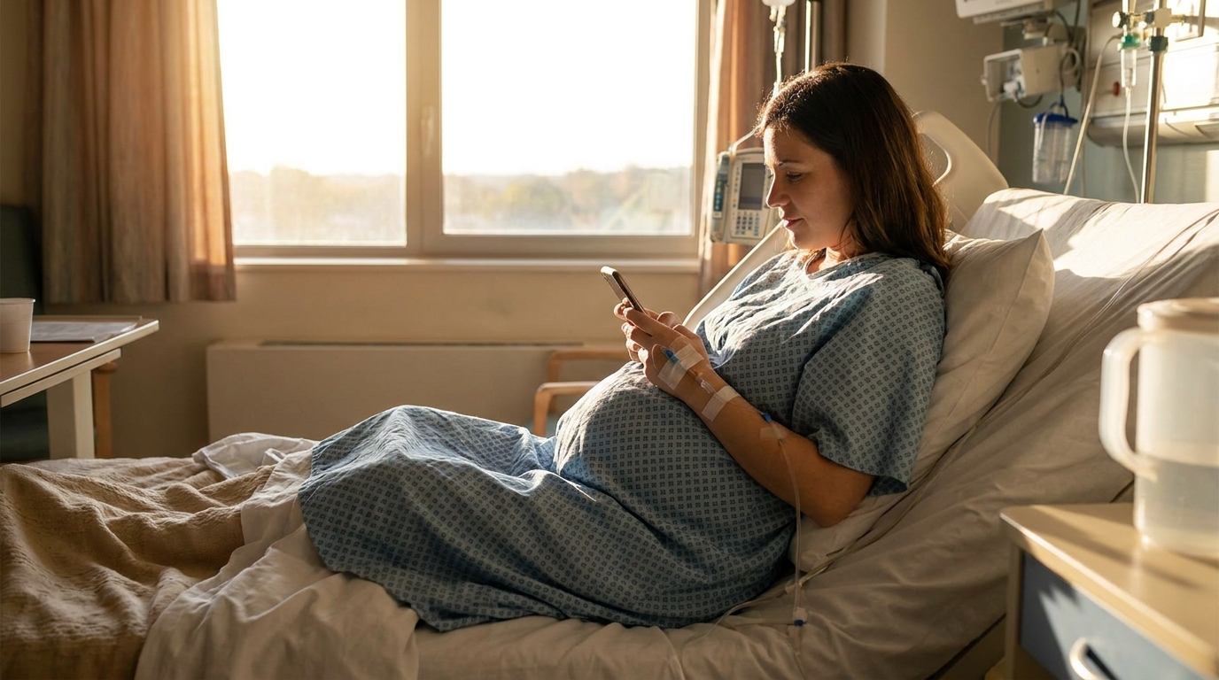 A pregnant woman in a hospital gown sitting on a bed scrolling her phone with an IV in her arm, warm afternoon light through window.
