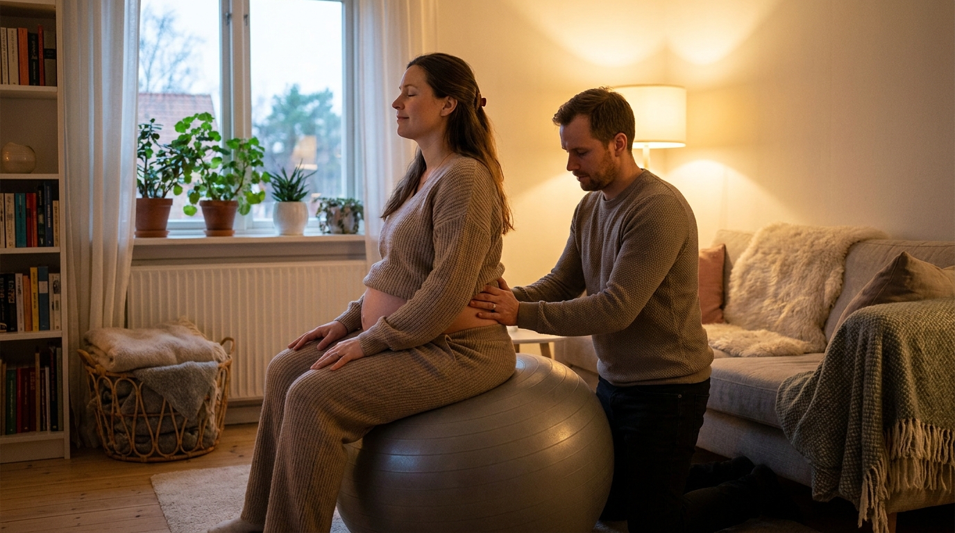 A pregnant woman swaying on a yoga ball in a warm-lit living room, her partner massaging her lower back, calm focused mood.