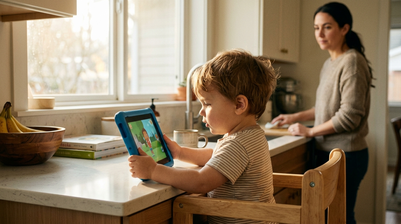 A toddler around 2 holding a tablet at a kitchen counter with a parent watching gently from the background in warm afternoon light.