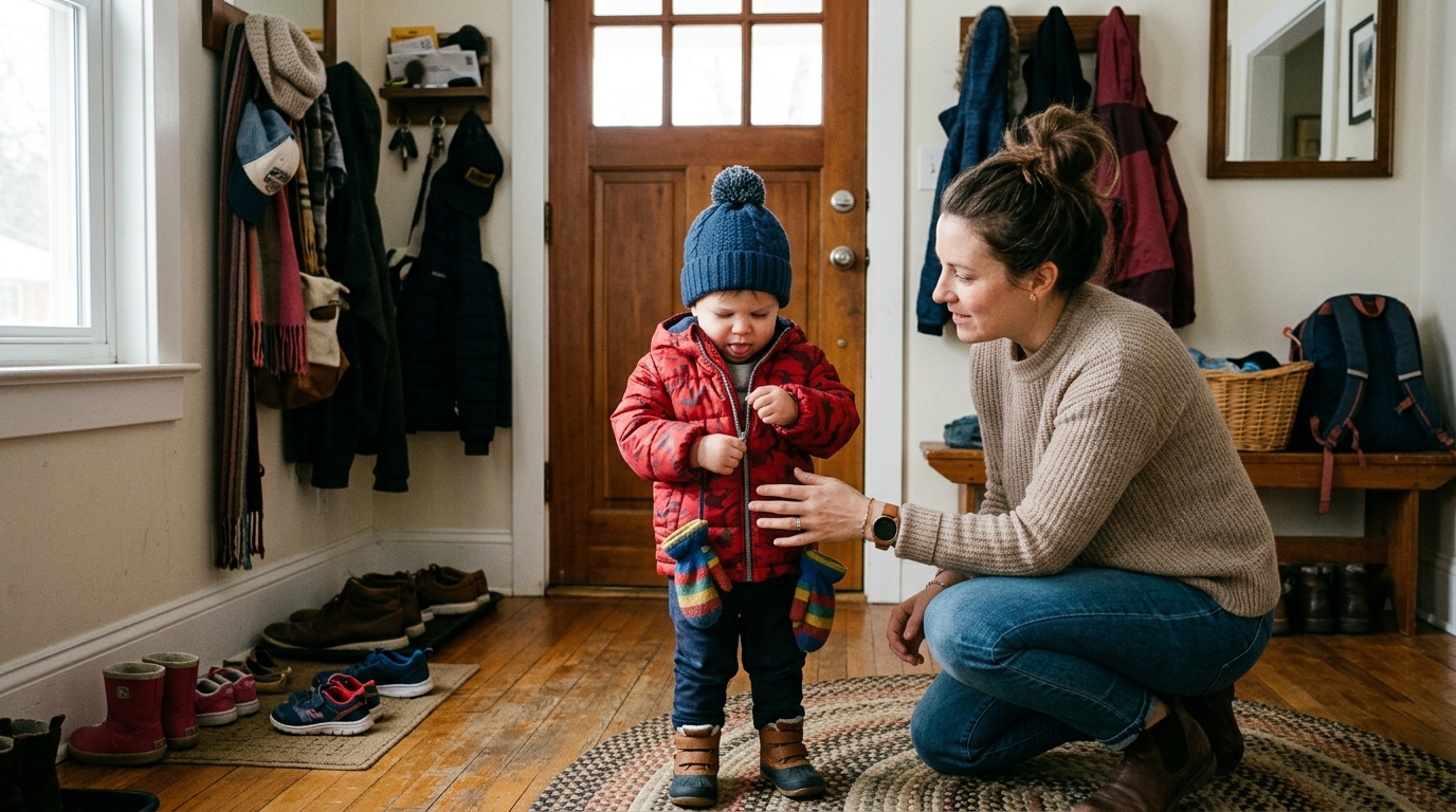 A mom pauses mid-reach in the hallway while her determined toddler zips up her own coat by the front door