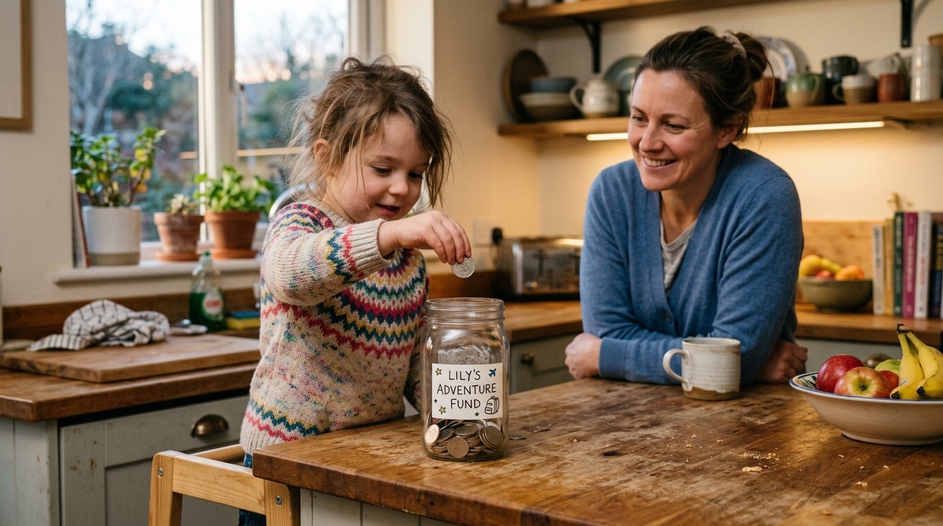 Child dropping a coin into a clear savings jar on the kitchen counter while a parent watches warmly