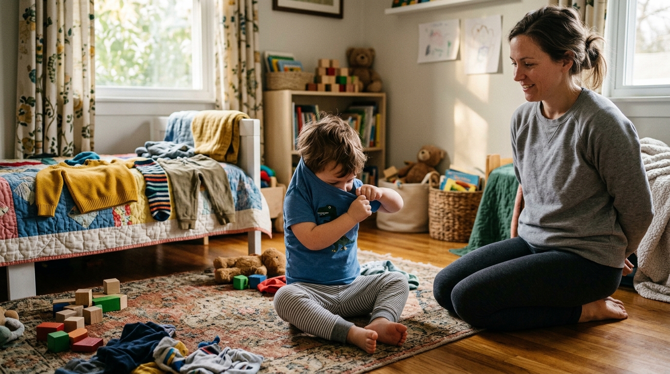 Toddler sitting on a bedroom floor pulling a t-shirt over their own head with one arm through the sleeve, while a parent kneels nearby with hands held back