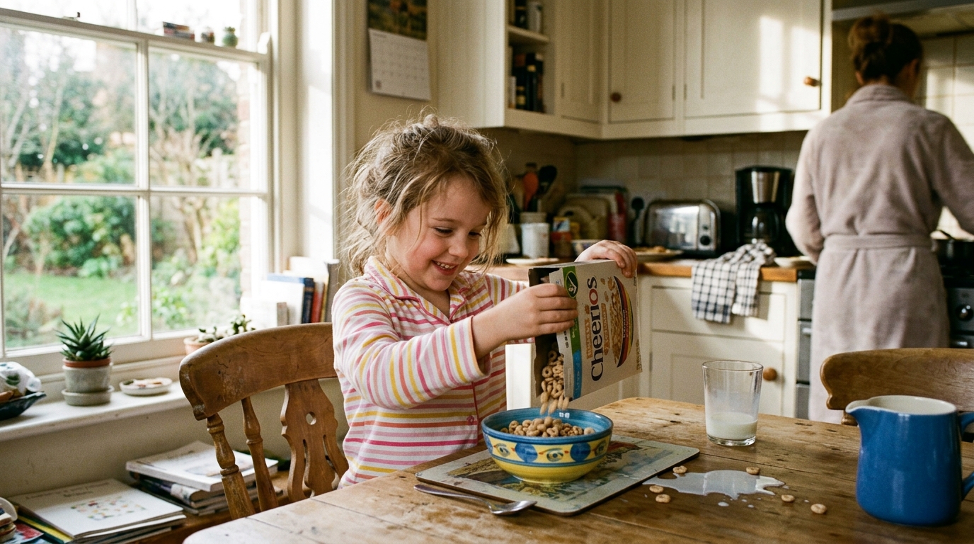 Proud young child pouring cereal into a bowl at the kitchen table in morning sunlight, with a little spilled milk on the counter