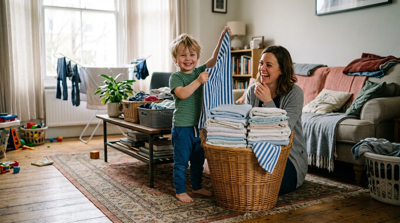 A small child proudly holding a folded towel up like a trophy beside a laundry basket while a parent laughs warmly nearby