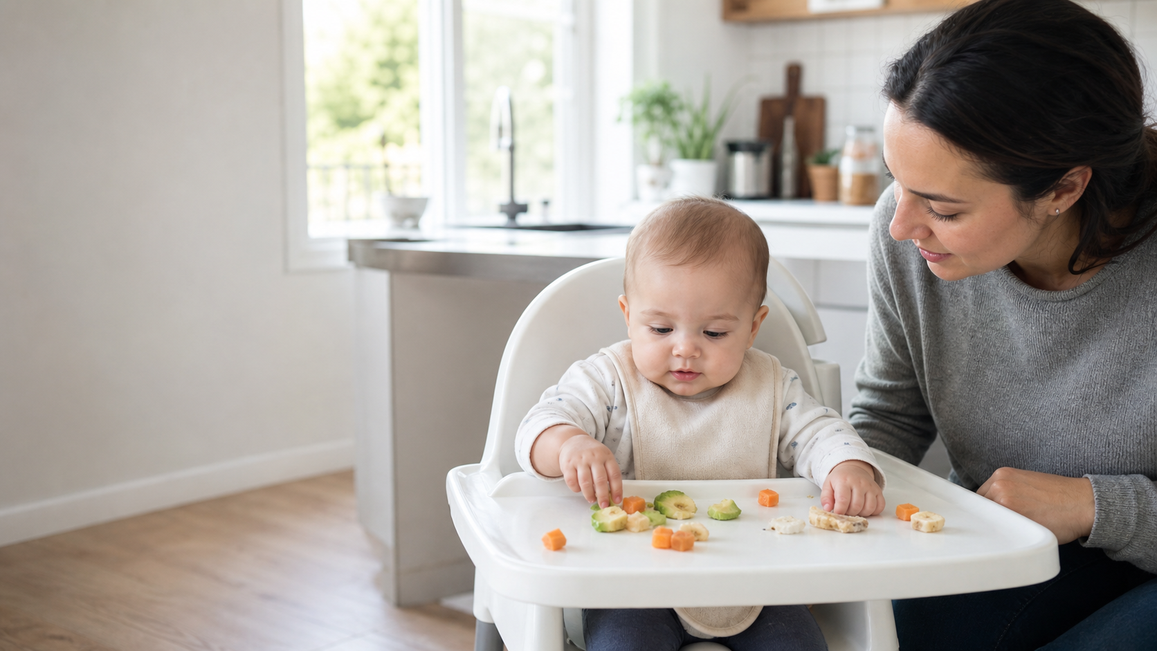 A baby explores soft finger foods in a high chair while a parent watches nearby.
